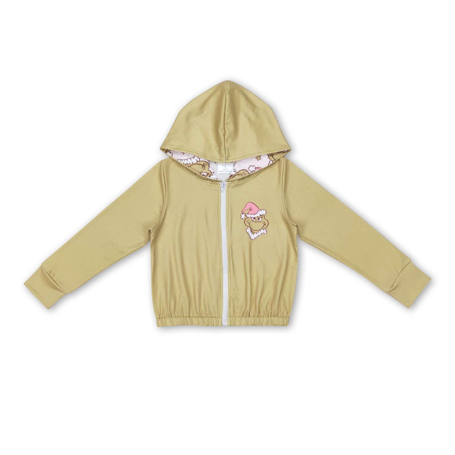 Green face long sleeves kids girls zipper hooded jacket