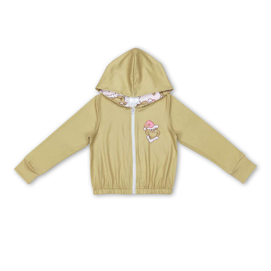 Green face long sleeves kids girls zipper hooded jacket