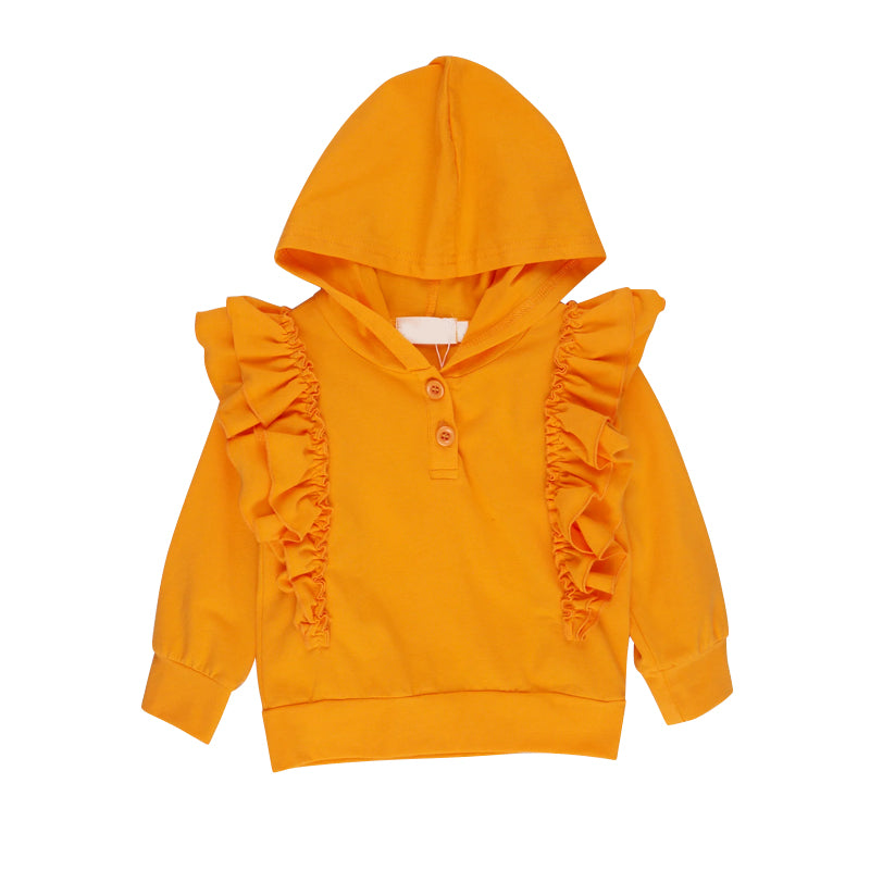 Mustard cotton long sleeves ruffle kids girls hoodie