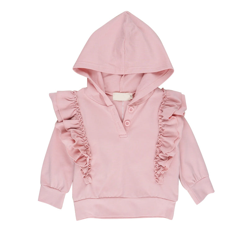 Pink cotton long sleeves ruffle kids girls hoodie