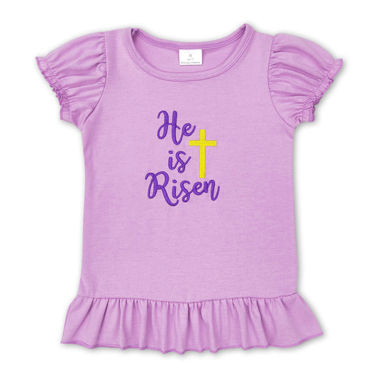 Lavender short sleeves he is risen cross girls easter shirt