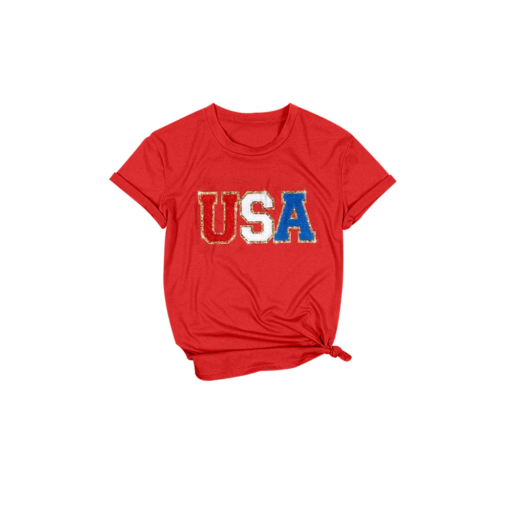 Red short sleeves USA girls 4th of july shirt