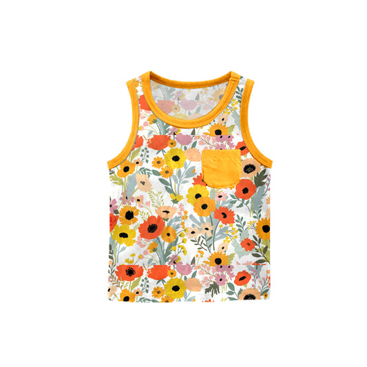 Mustard sleeveless pocket floral baby kids summer shirt