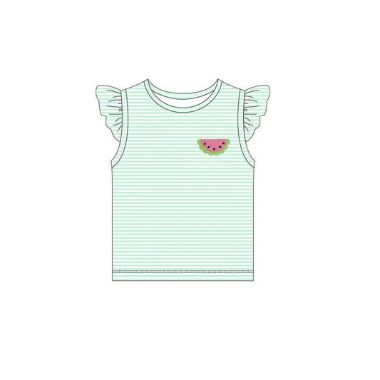 Green flutter sleeves stripe watermelon girls summer shirt