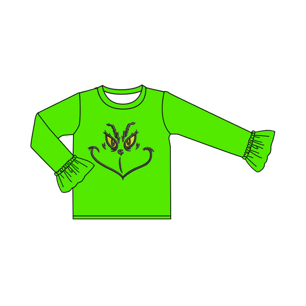 Long sleeves ruffle green face kids girls Christmas shirt