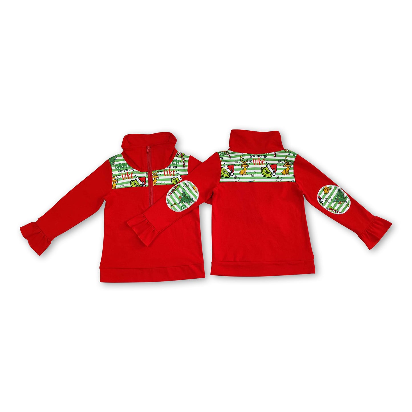 Stripe green face girls Christmas zipper pullover