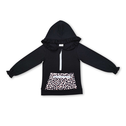 Long sleeves black leopard ruffle baby girls hoodie