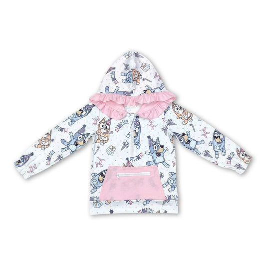 Pink happy birthday dog ruffle baby girls hoodie