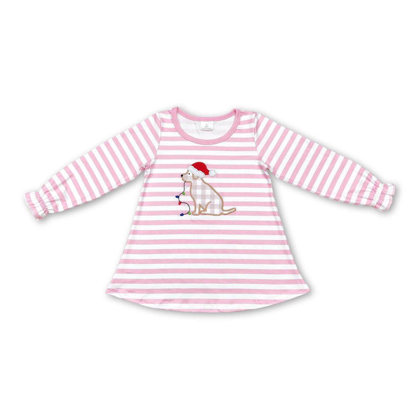 Pink stripe Christmas dog lighting kids girls shirt