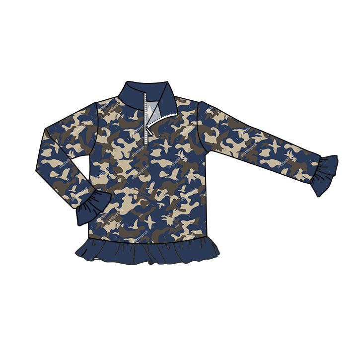 Blue ruffle duck camo kids girls zipper pullover