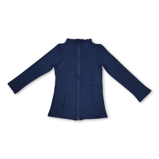 Long sleeves navy pocket zipper kids girls yoga top