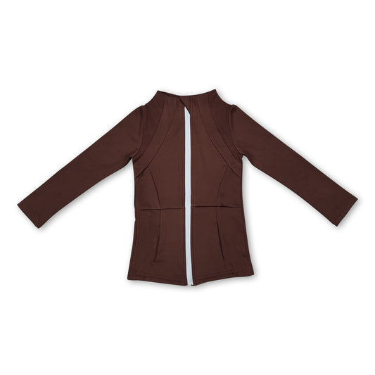 Brown long sleeves zipper pockets baby girls yoga shirt