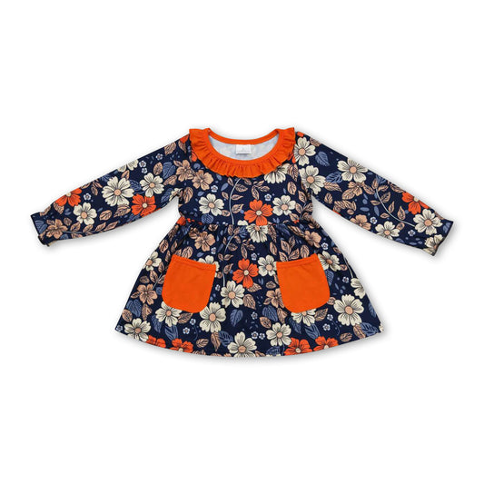 Long sleeves orange pockets floral baby girls tunic