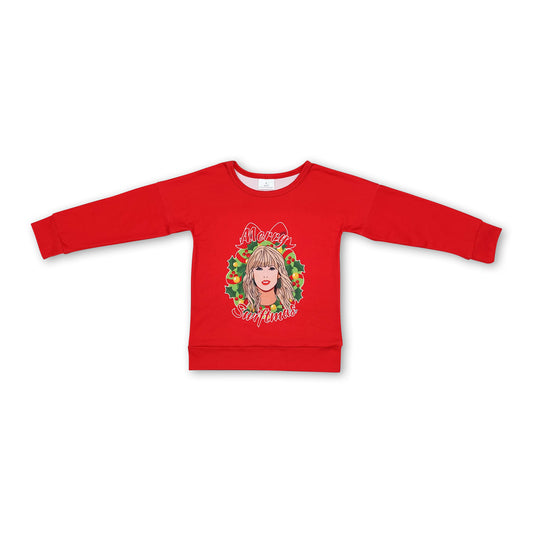 Long sleeves red merry Christmas singer girls shirt