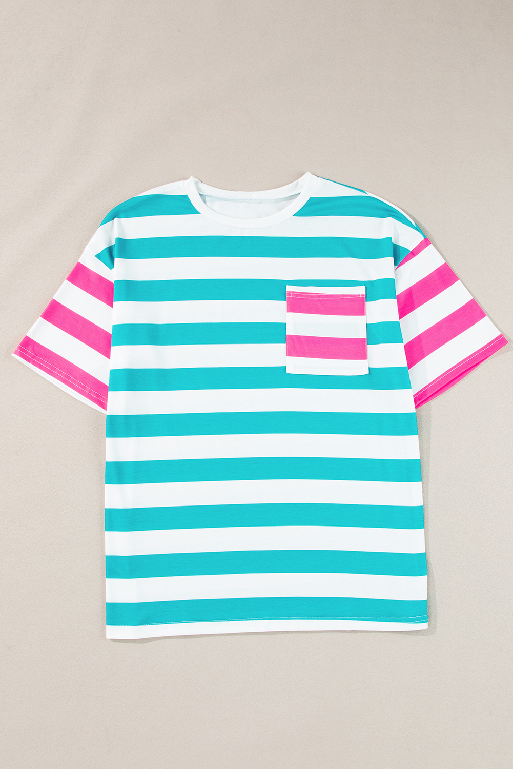 Hot pink stripe pocket short sleeves adult women T-shirt