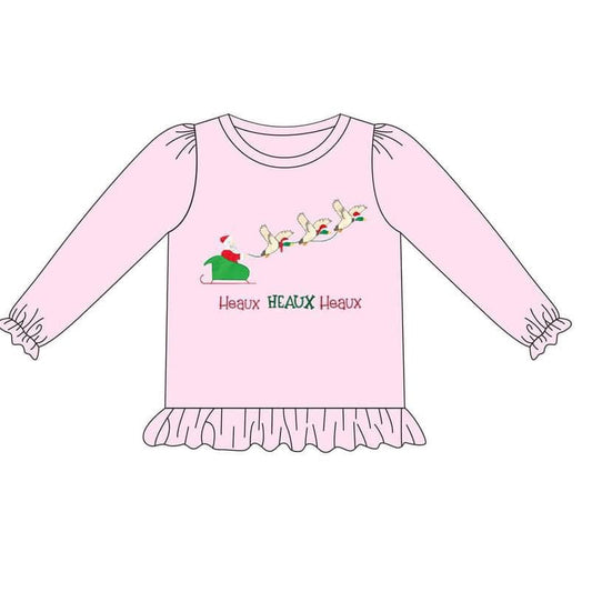 Pink ruffle long sleeves duck santa girls Christmas shirt