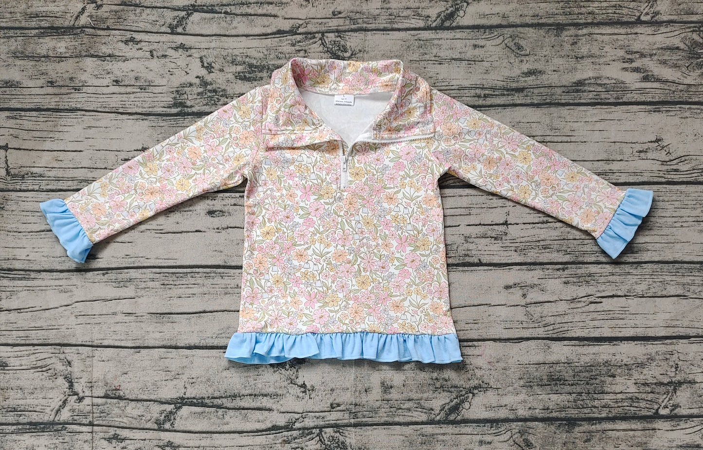 Floral ruffle zipper pullover cotton pants girls shirt