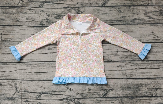 Floral ruffle zipper pullover cotton pants girls shirt