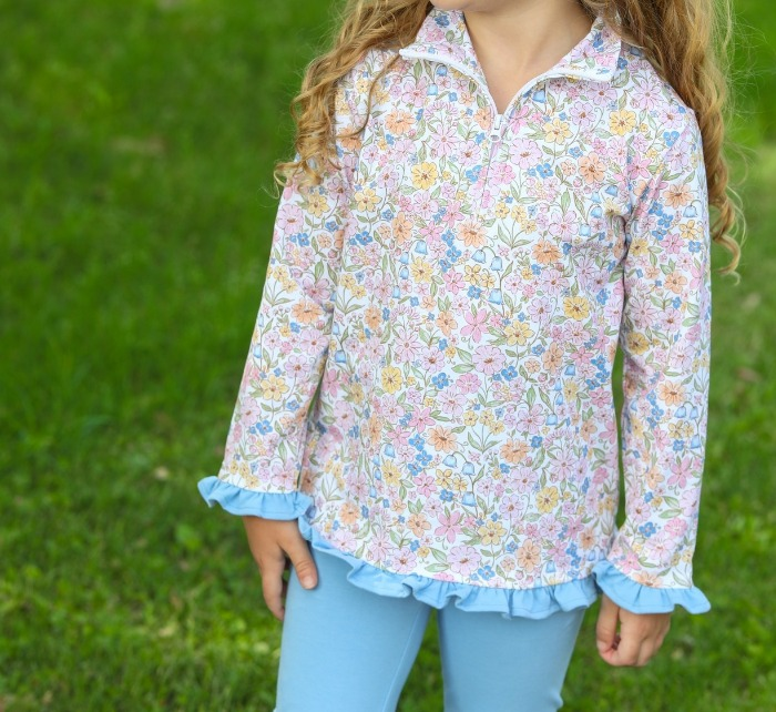 Floral ruffle zipper pullover cotton pants girls shirt