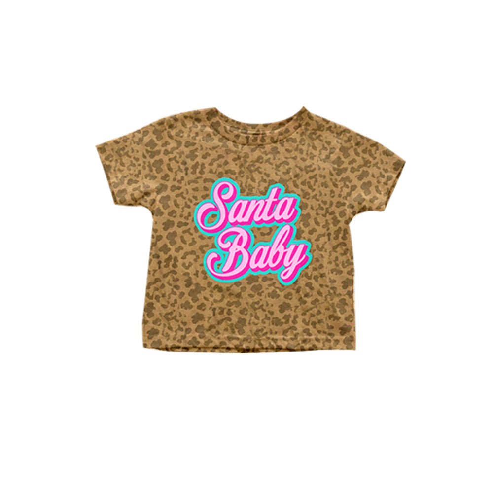 Short sleeves leopard santa baby kids girls Christmas shirt