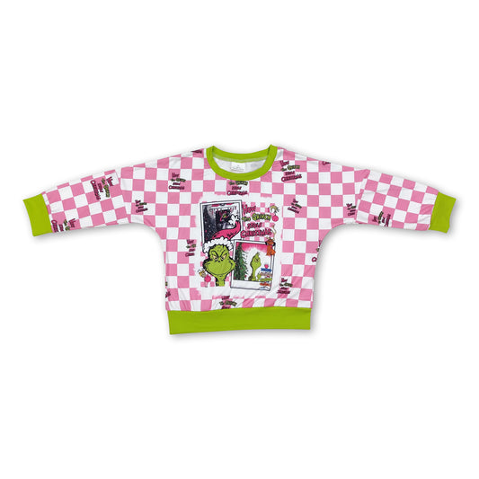 Pink plaid green face Christmas baby girls shirt