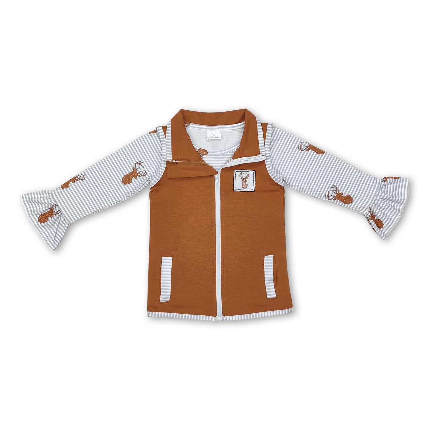 Sleeveless deer vest long sleeves shirt girls clothing set