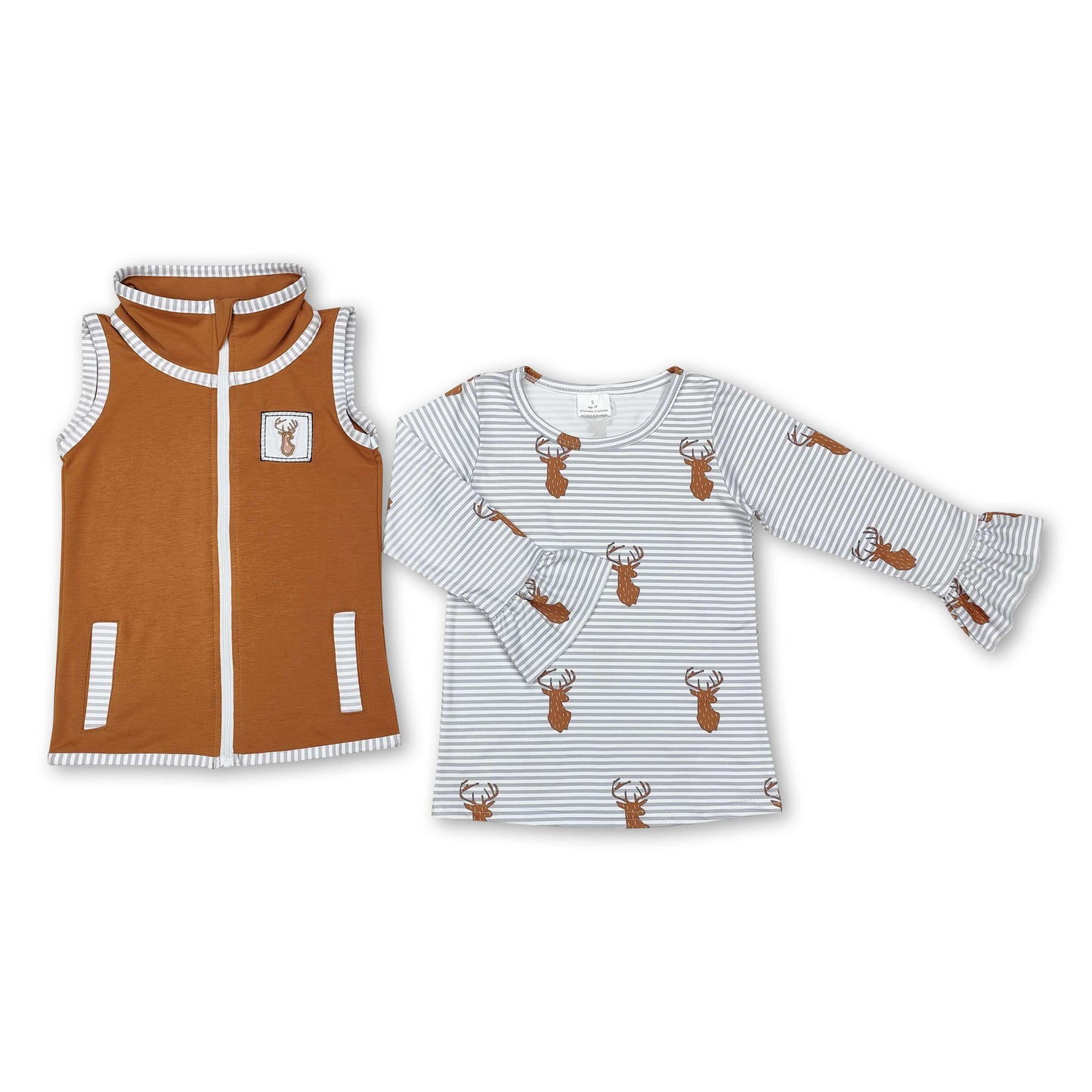 Sleeveless deer vest long sleeves shirt girls clothing set