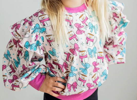 Pink ruffle bow snowman baby girls shirt