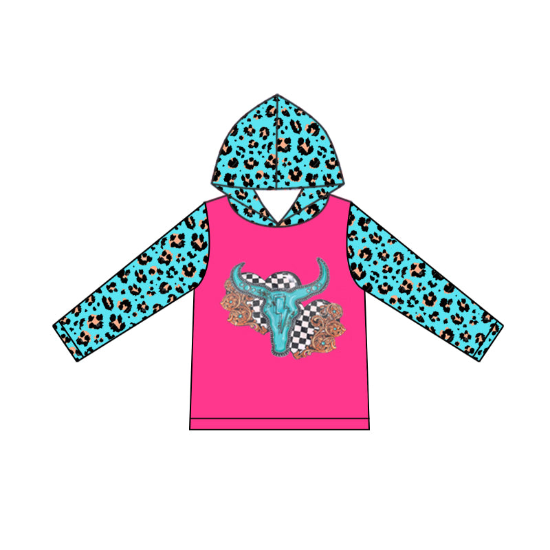 Bull skull leopard sleeves girls western hoodie