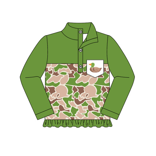 Green long sleeves duck pocket ruffle camo girls pullover