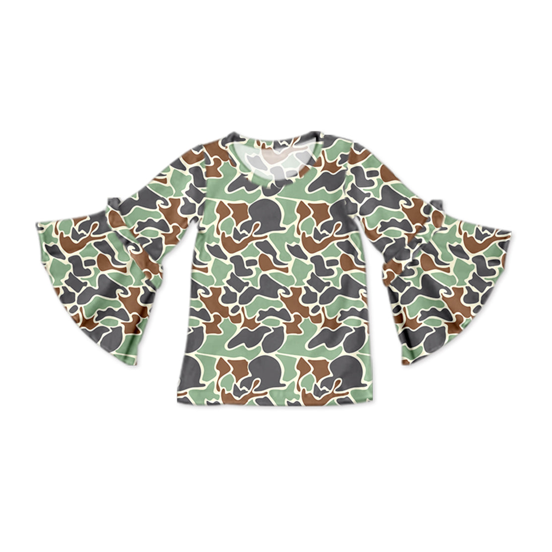 Green camo ruffle long sleeves kids girls shirt