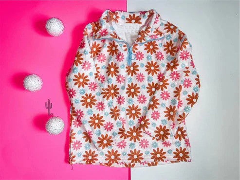 Brown pink floral long sleeves girls zip pullover