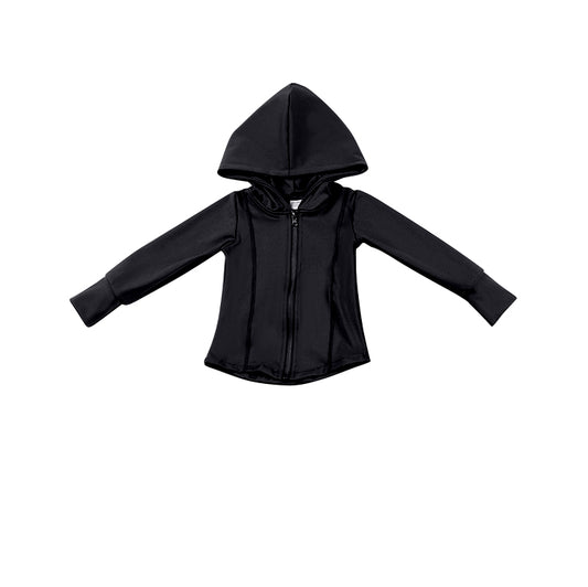 Black long sleeves baby girls zipper hooded yoga shirt