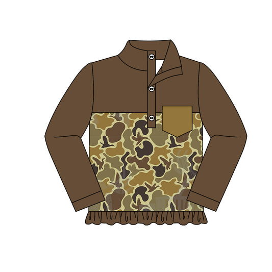 Brown ruffle long sleeves camo duck baby girls pullover