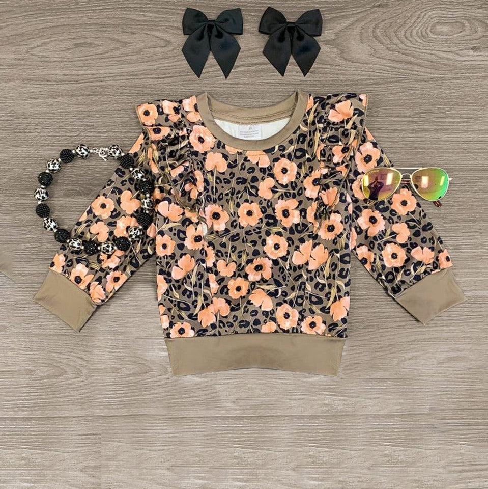 Long sleeves floral leopard ruffle baby girls shirt