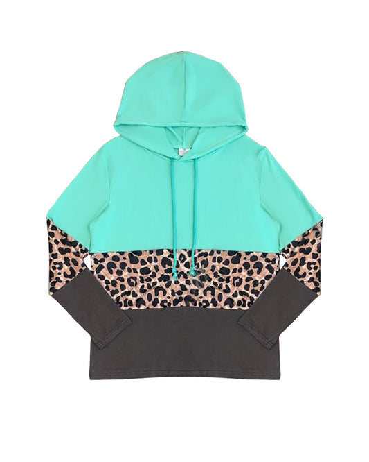 Long sleeves mint leopard patchwork adult women hoodie