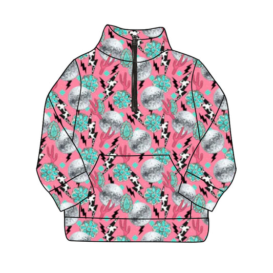 Pink cactus turquoise kids girls pocket zipper pullover