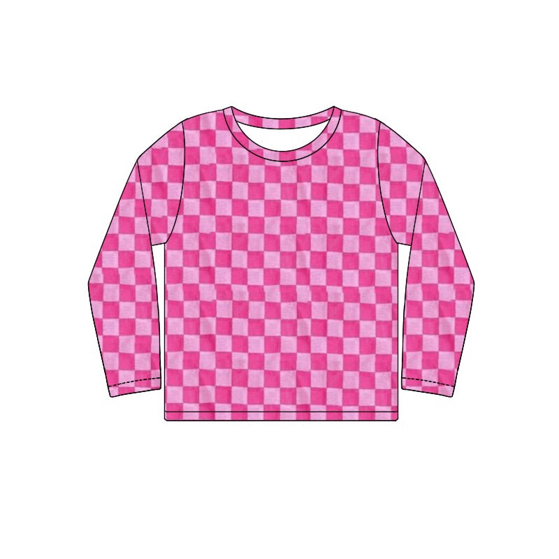 Long sleeves hot pink plaid kids girls shirt