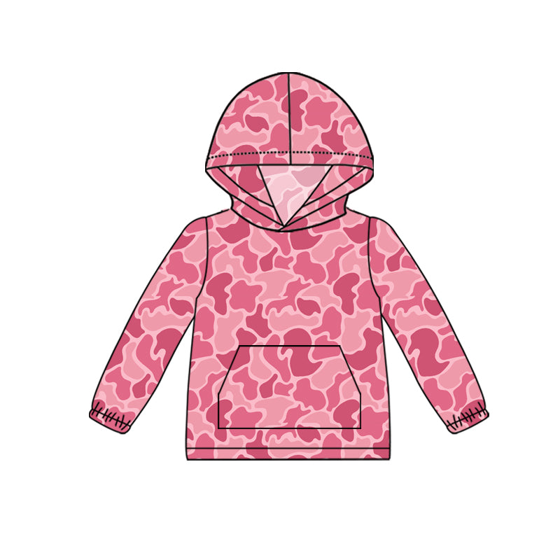 Long sleeves pink camo pocket kids girls hoodie