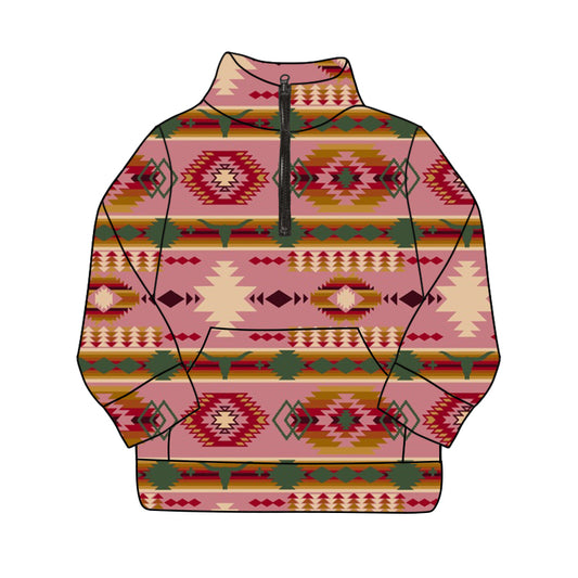 Long sleeves pink bull skull aztec girls western zip pullover