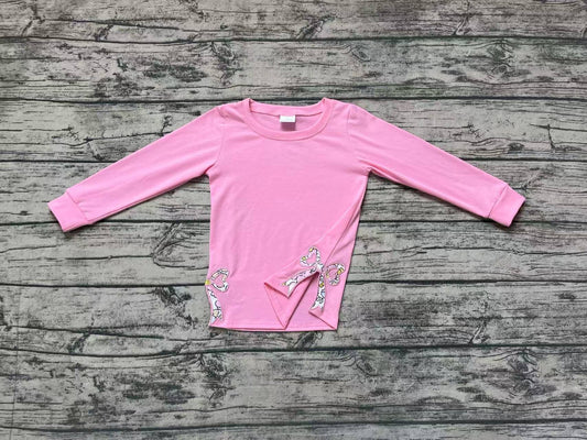 Pink cotton long sleeves floral bow embroidery girls clothes