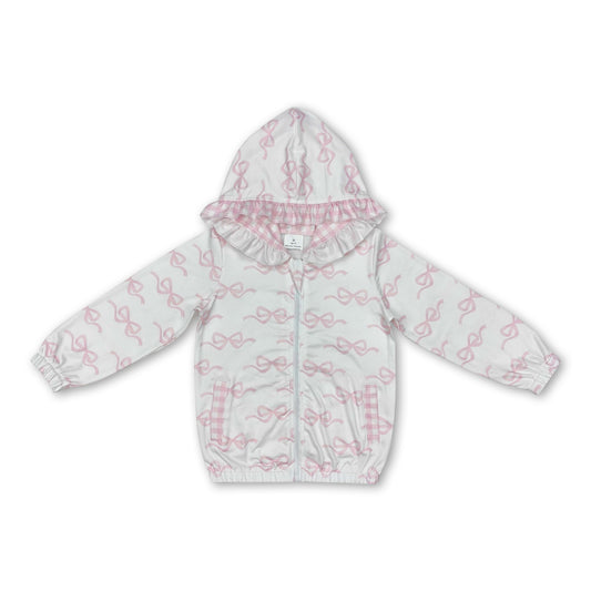 White pink bow ruffle pocket zipper baby girls hooded jacket