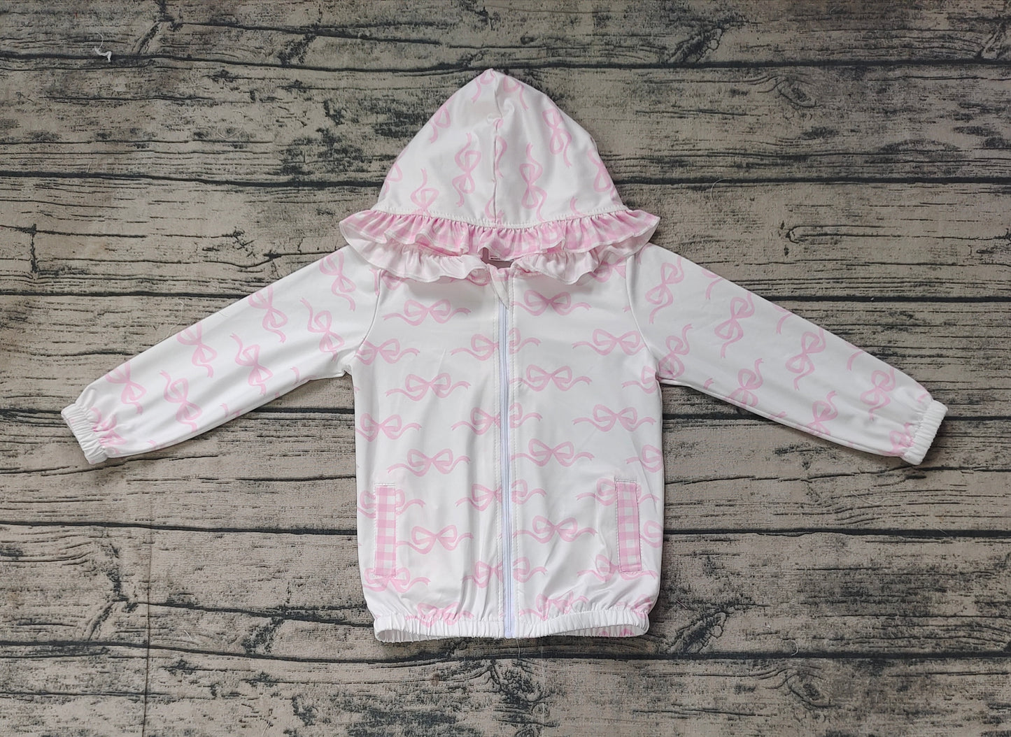 White pink bow ruffle pocket zipper baby girls hooded jacket