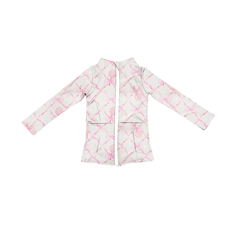 Long sleeves pink bow floral pockets zipper girls yoga top