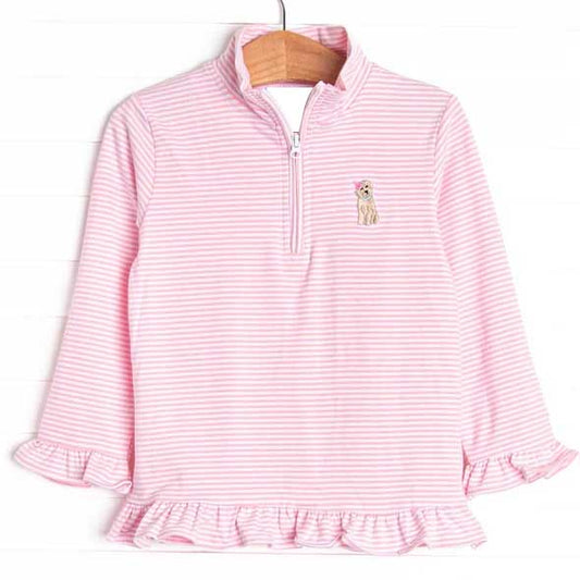 Long sleeves pink stripe dog ruffle baby girls zip pullover