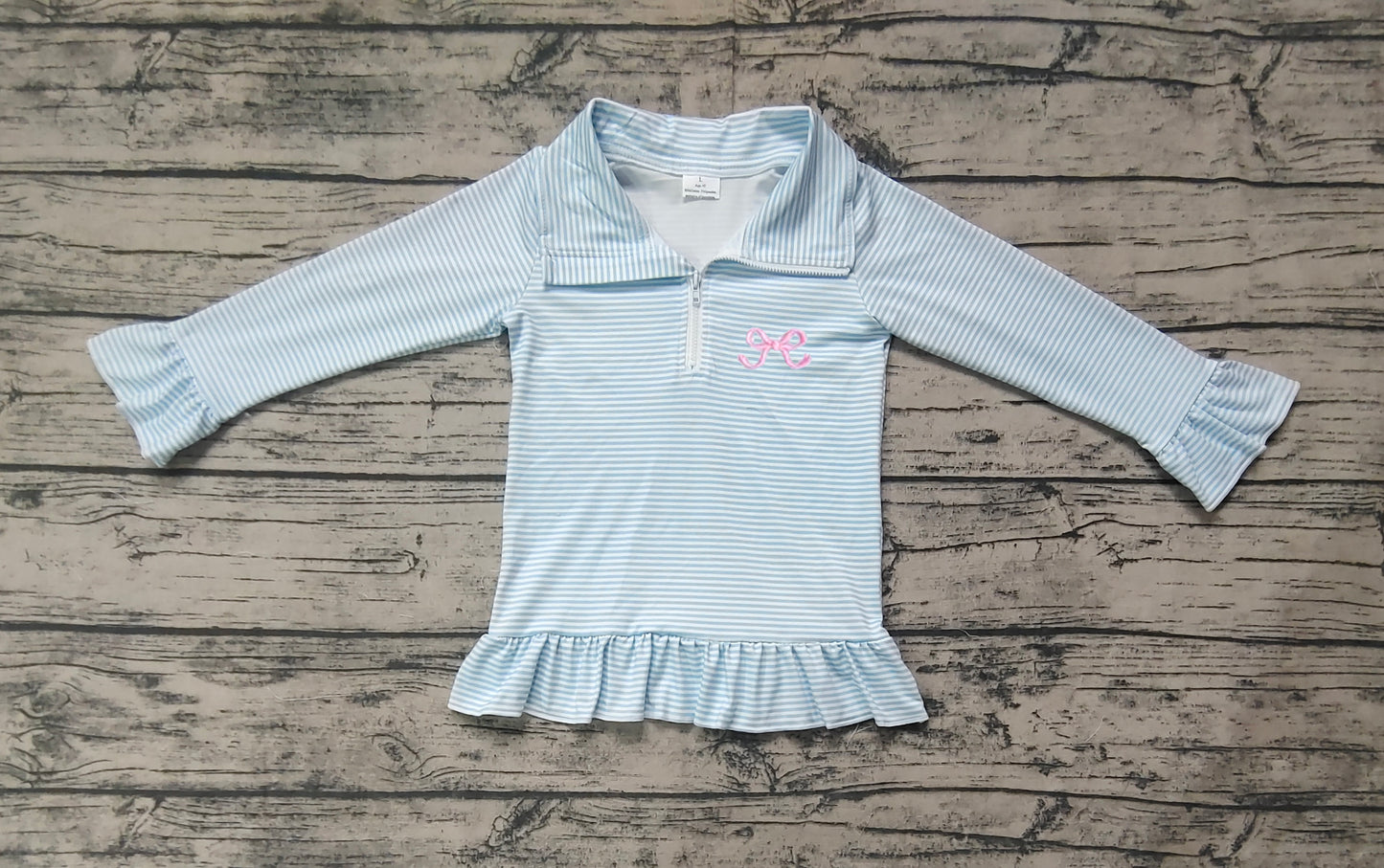 Long sleeves light blue stripe bow ruffle baby girls zip pullover