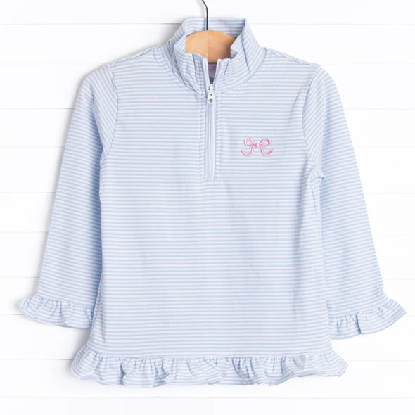 Long sleeves light blue stripe bow ruffle baby girls zip pullover