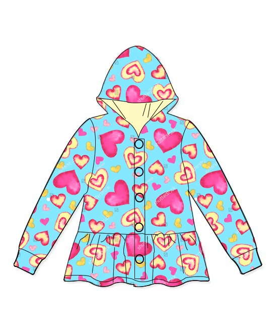 Long sleeves yellow pink heart kids girls valentine's hoodie