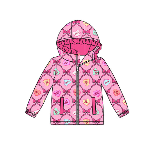 Pink ruffle heart bow pocket zipper girls valentine's hoodie