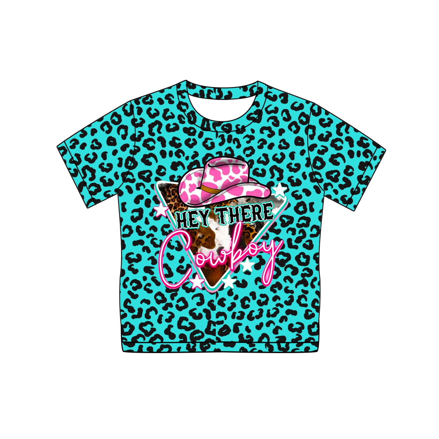 Short sleeves turquoise leopard cow hat girls shirt